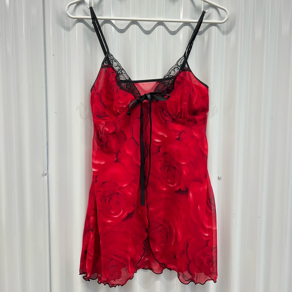 🌹Y2K La Vie En Rose Red Rose Sheer Slip Dress | Lace Trim | Small ❤️